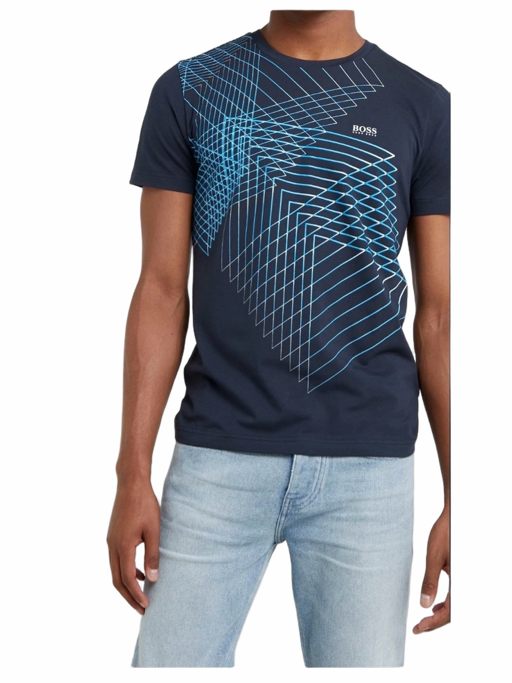 BOSS Men’s Tag 2XL ( Fit XL) Regular Navy Crewneck Tee Blue Geometric Print